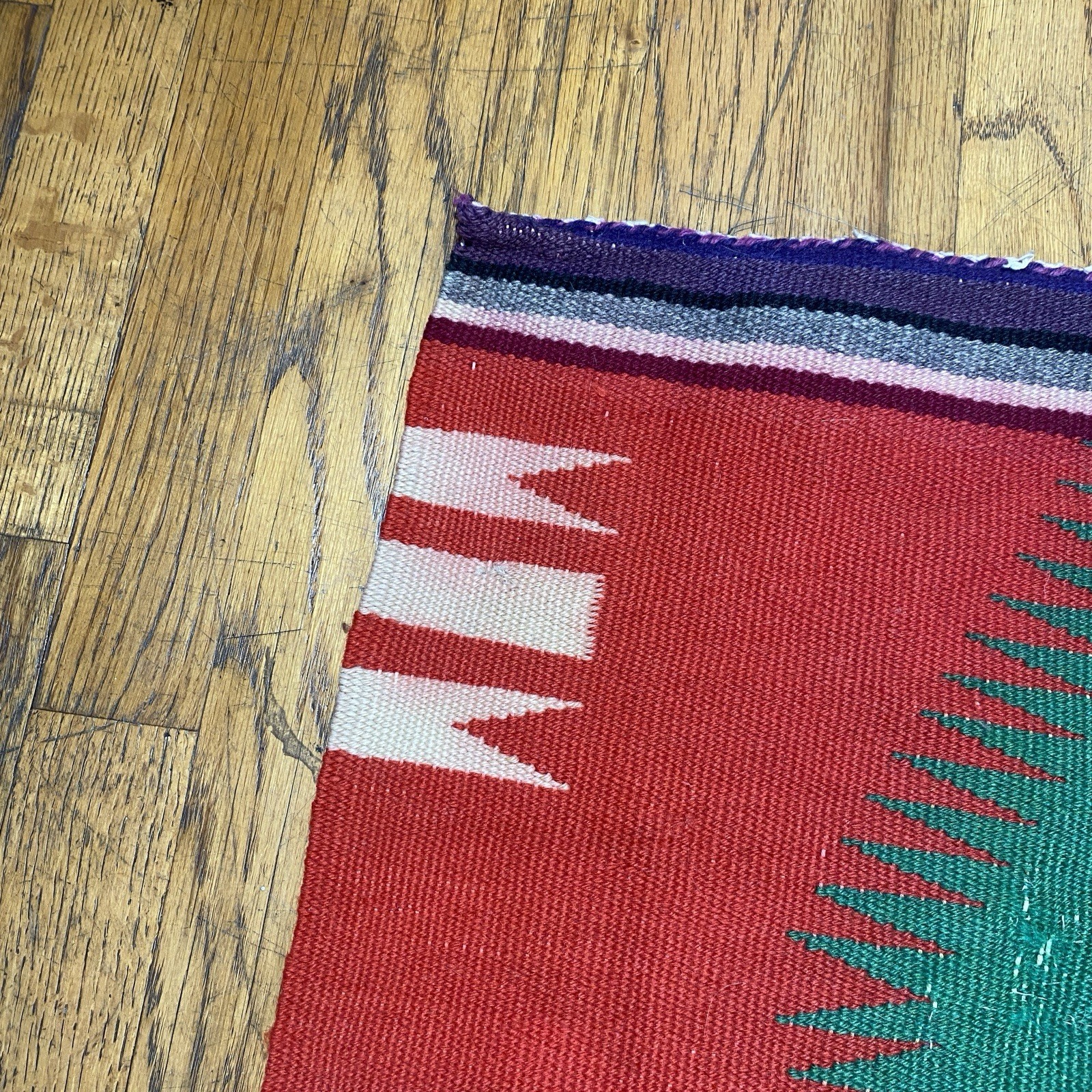 Vintage Navajo Germantown Sampler Rug Weaving Eyedazzler 21x19" Red Purple Green