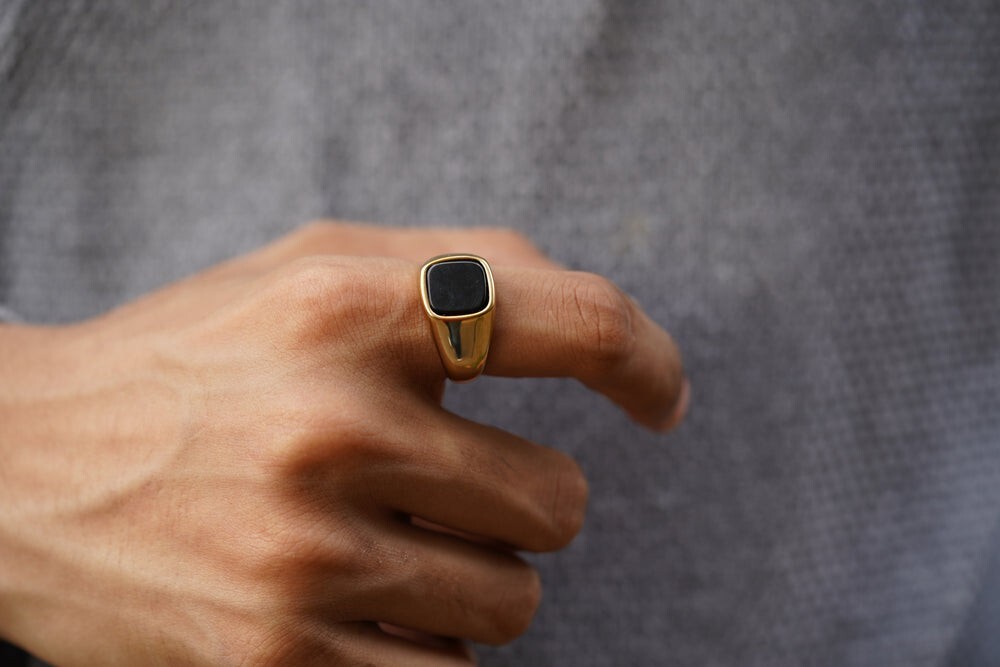 Cushion Black Onyx Ring in Silver or Gold Natural Gemstone Ring For Husband Mens