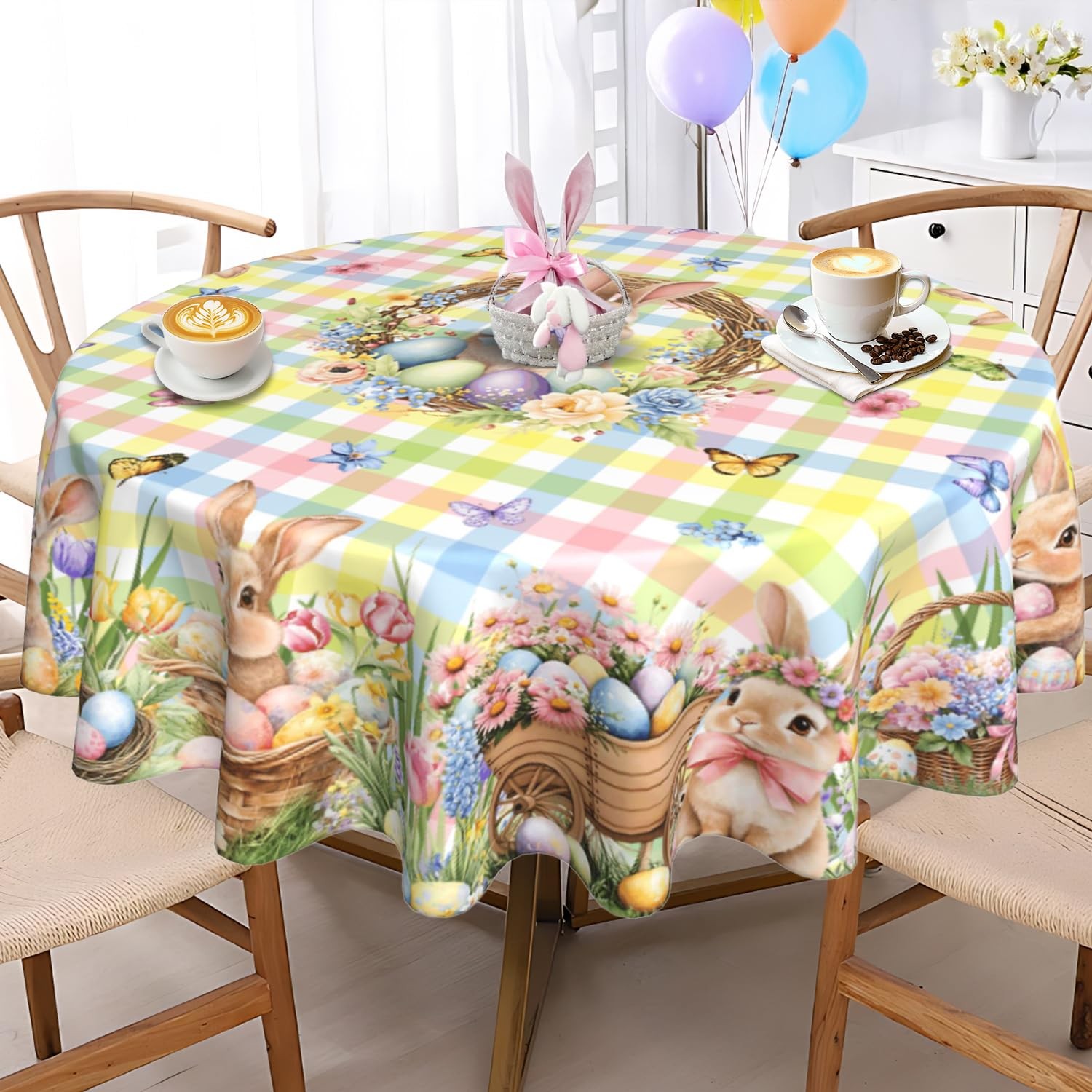 Easter Tablecloth Round 60 Inch Spring Summer 60" (Round), Bunny