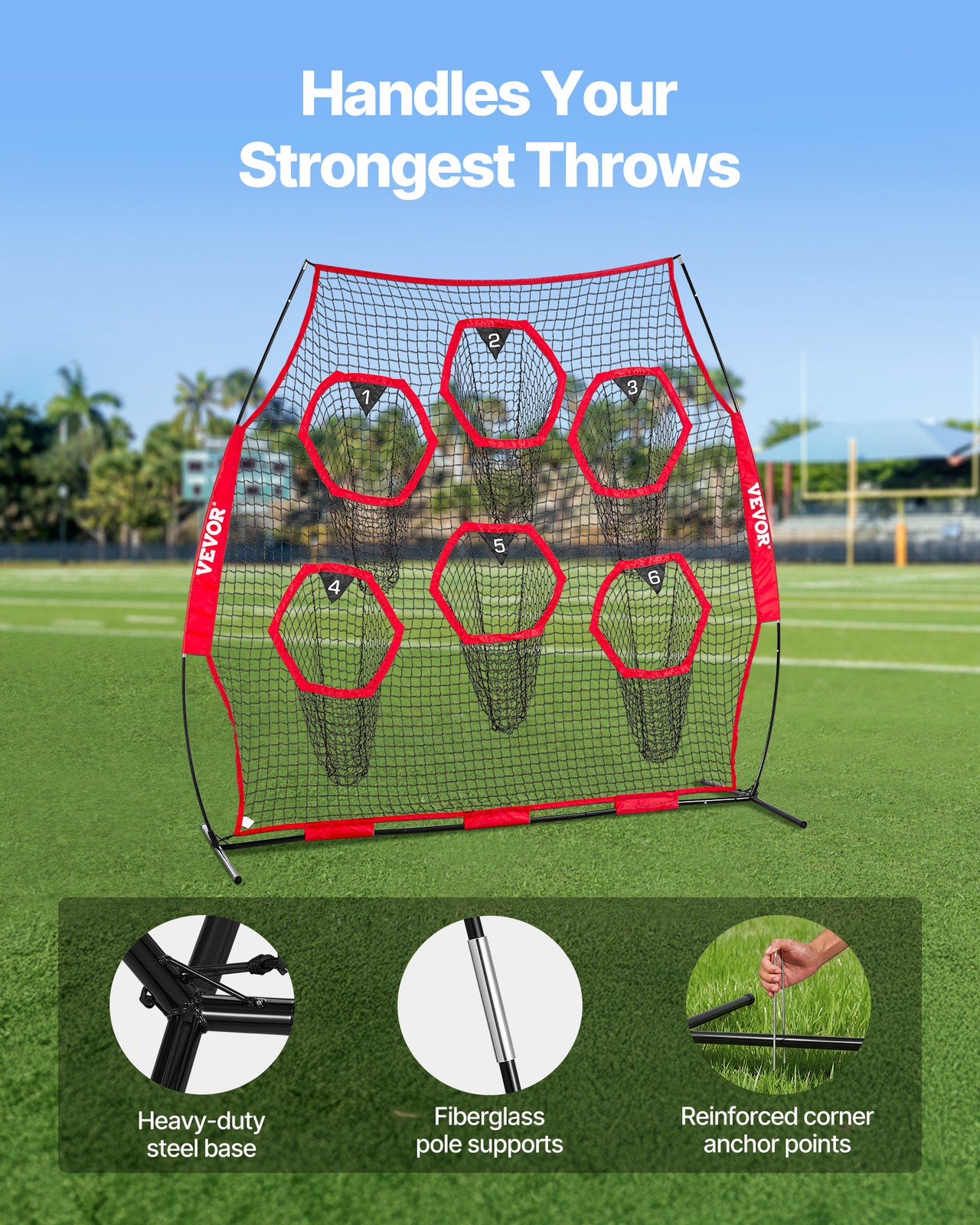 VEVOR 8x8 ft Football Trainer Throwing Net Portable Practice Net Improve QB Red