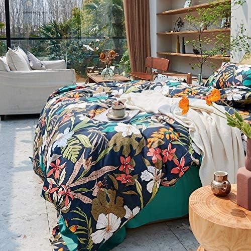 Eikei Midnight Teal Botanical Duvet Cover Egyptian Cotton Bedding Super King Set