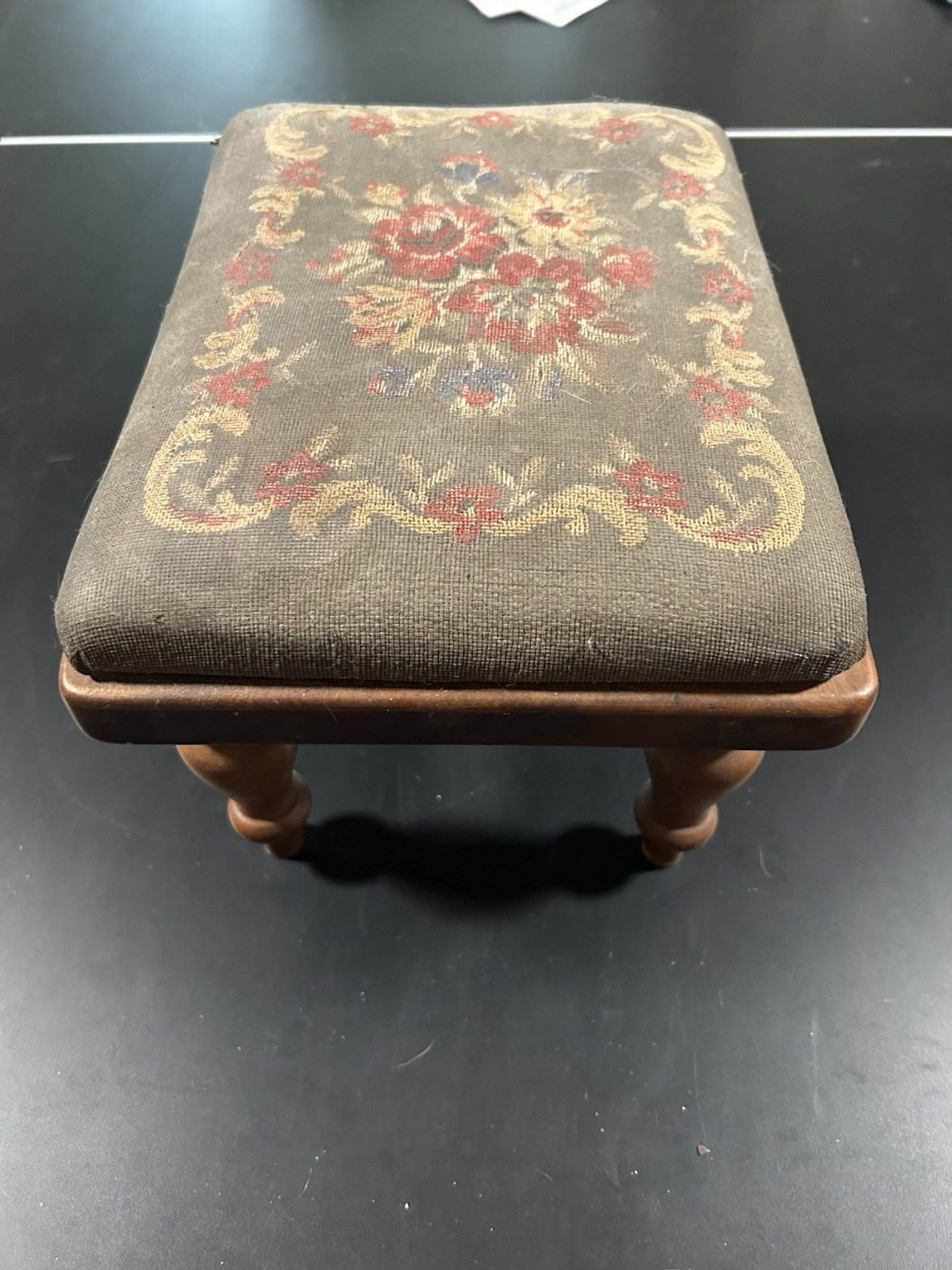 Vintage needlepoint footstool square wooden legs floral