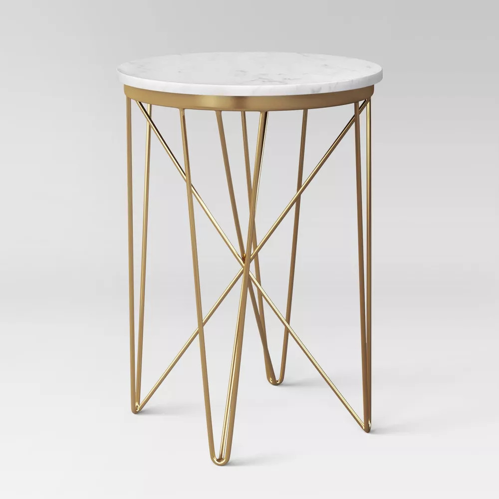 Threshold End Table Marble Round Narrow Crisscross Legs Mid-Century Modern Gold