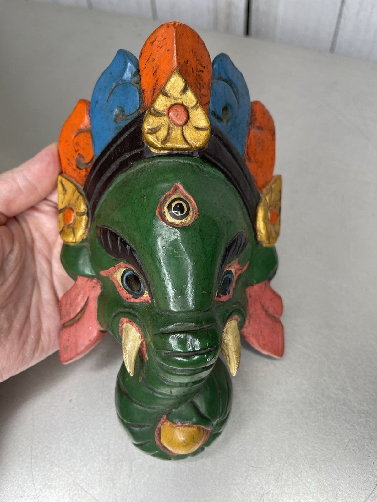Wooden Carved GANESH Mask Wood CARVED MASK Hand Painted VTG
