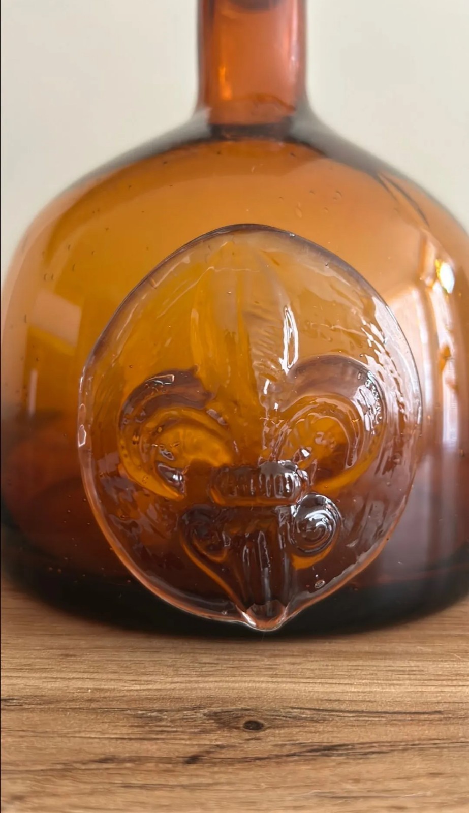 MCM Glass Amber Decanter with Fleur De Lis Applied Design