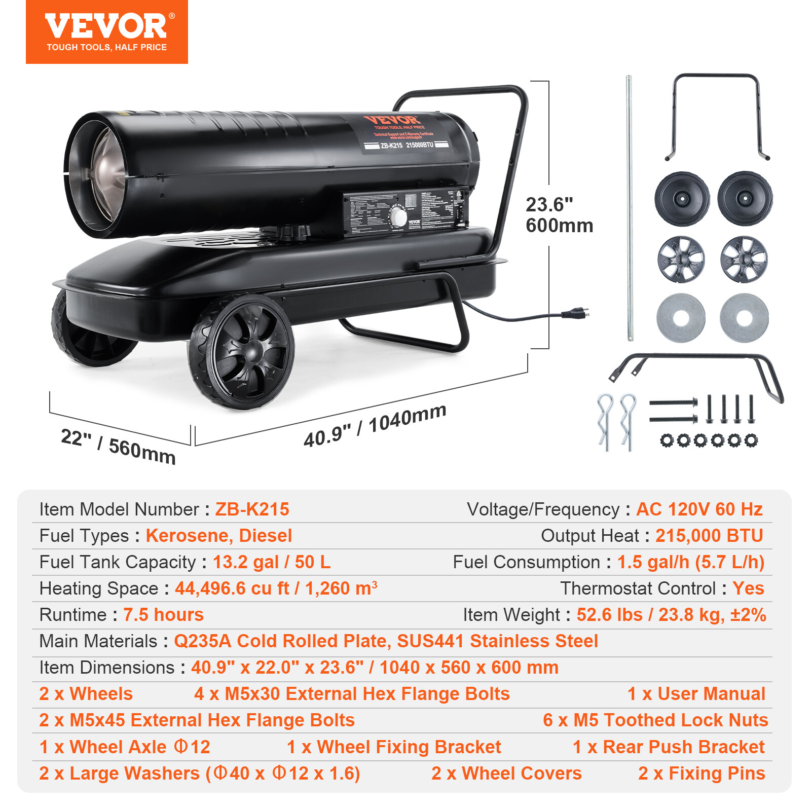 VEVOR Portable Kerosene Forced Air Heater 215000 BTU Indoor Outdoor 13.2gal Tank
