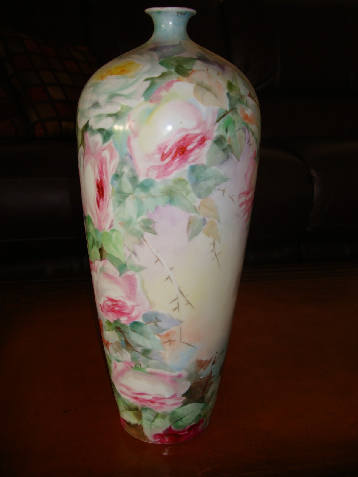 ANTIQUE HOHENZOLLERN GERMANY LARGE 14" HAND PAINTED PORCELAIN VASE, PINK ROSES