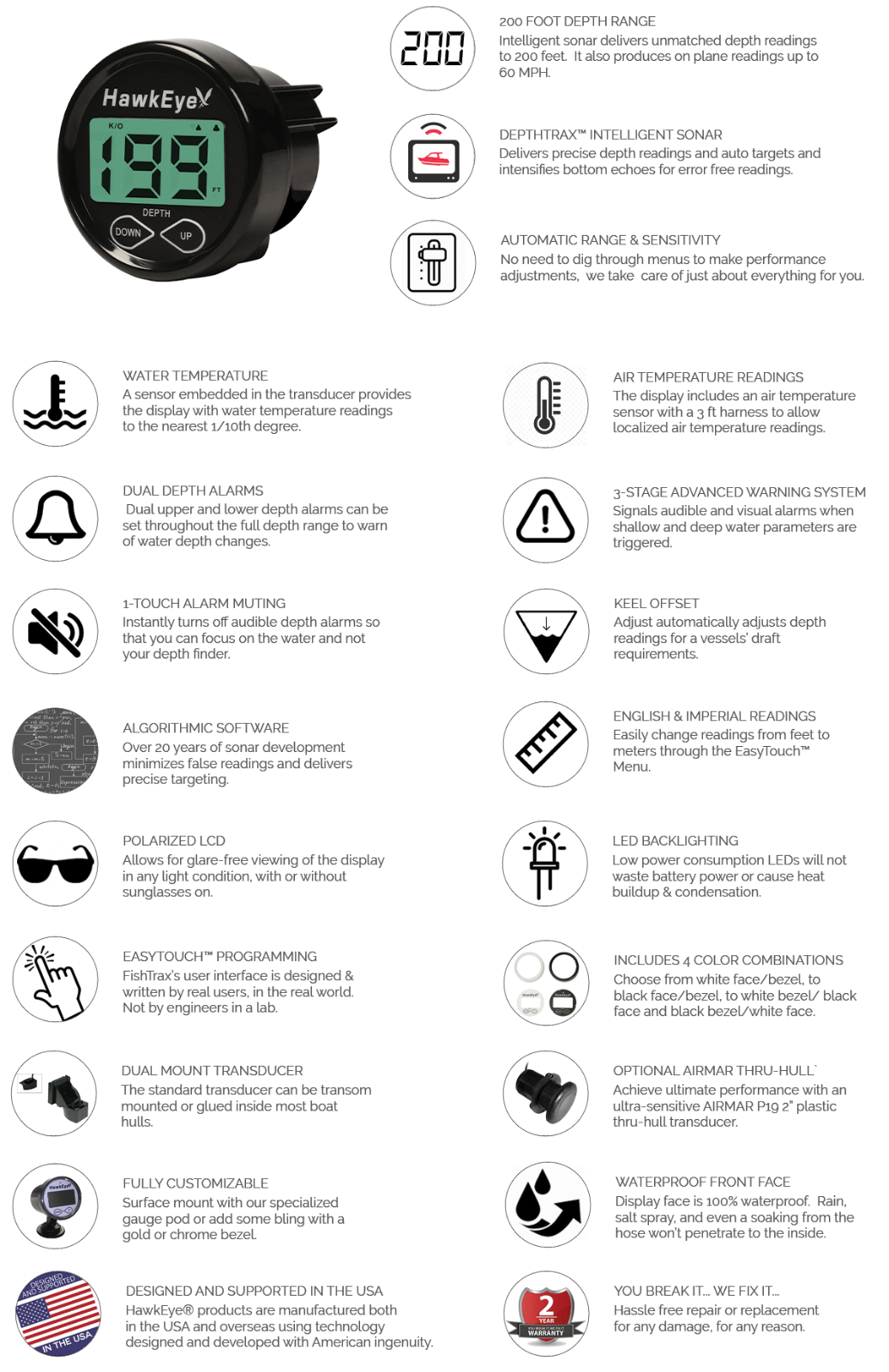 HawkEye® Depth Finder/Sounder with Temperature - Transom Mount Transducer