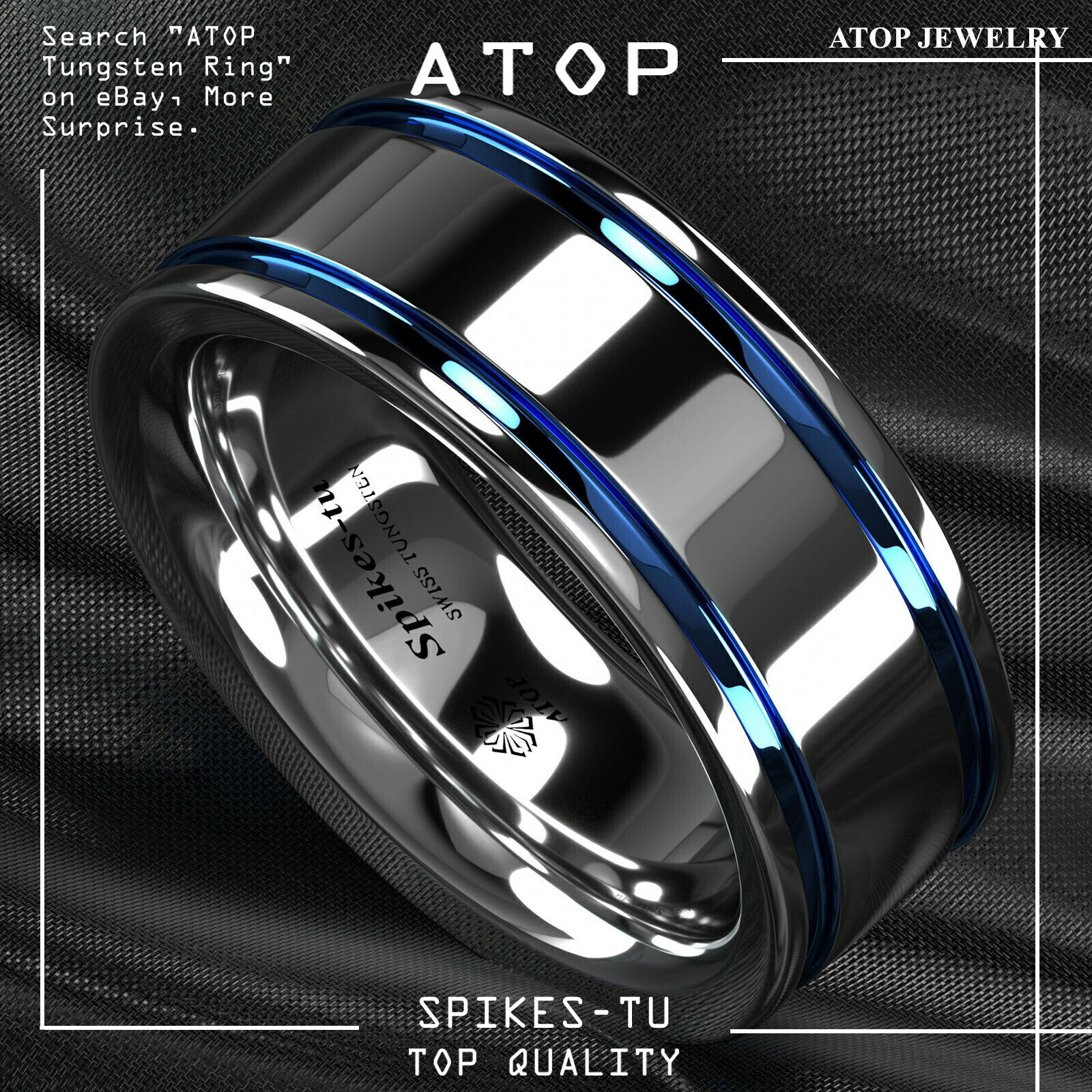 8mm Tungsten Carbide Ring Blue Grooved Line For Men Wedding Band ATOP Jewelry