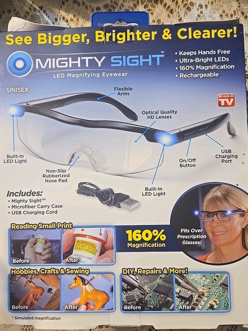 Mighty Sight LED Magnifying Eyewear 160% Magnification Rechargeable New