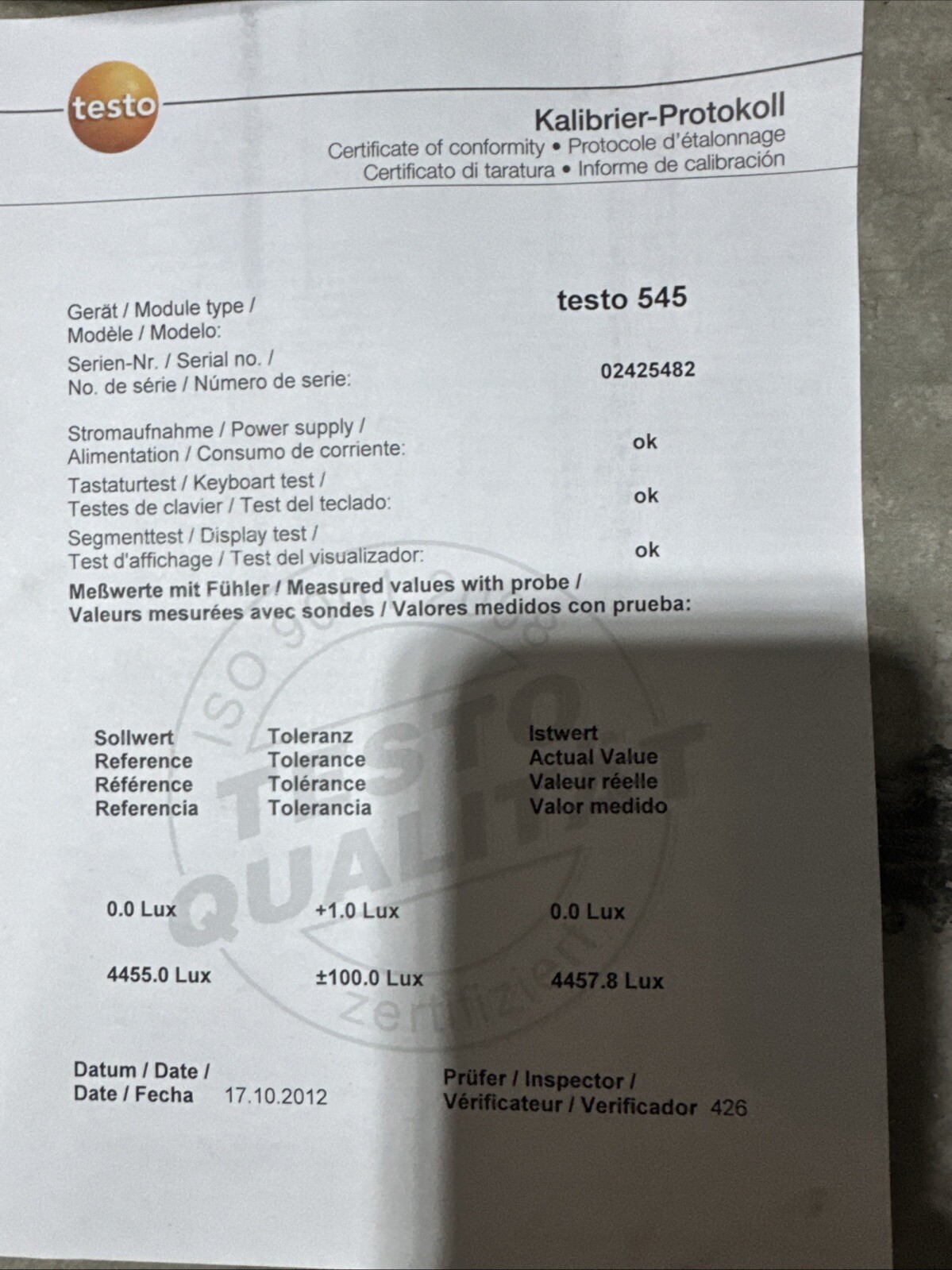 Testo 545 Illuminance Meter Photometer Printer 0554 0549