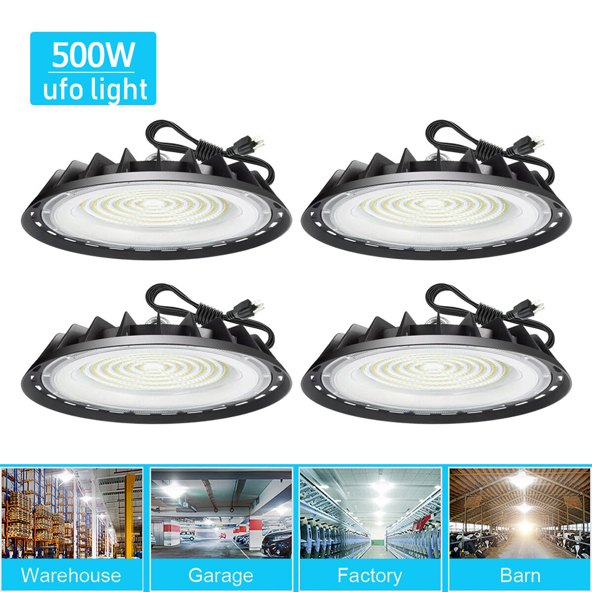 4Pcs 500W UFO Led High Bay Light 6000K Commercial Industrial Gym Led Shop Light