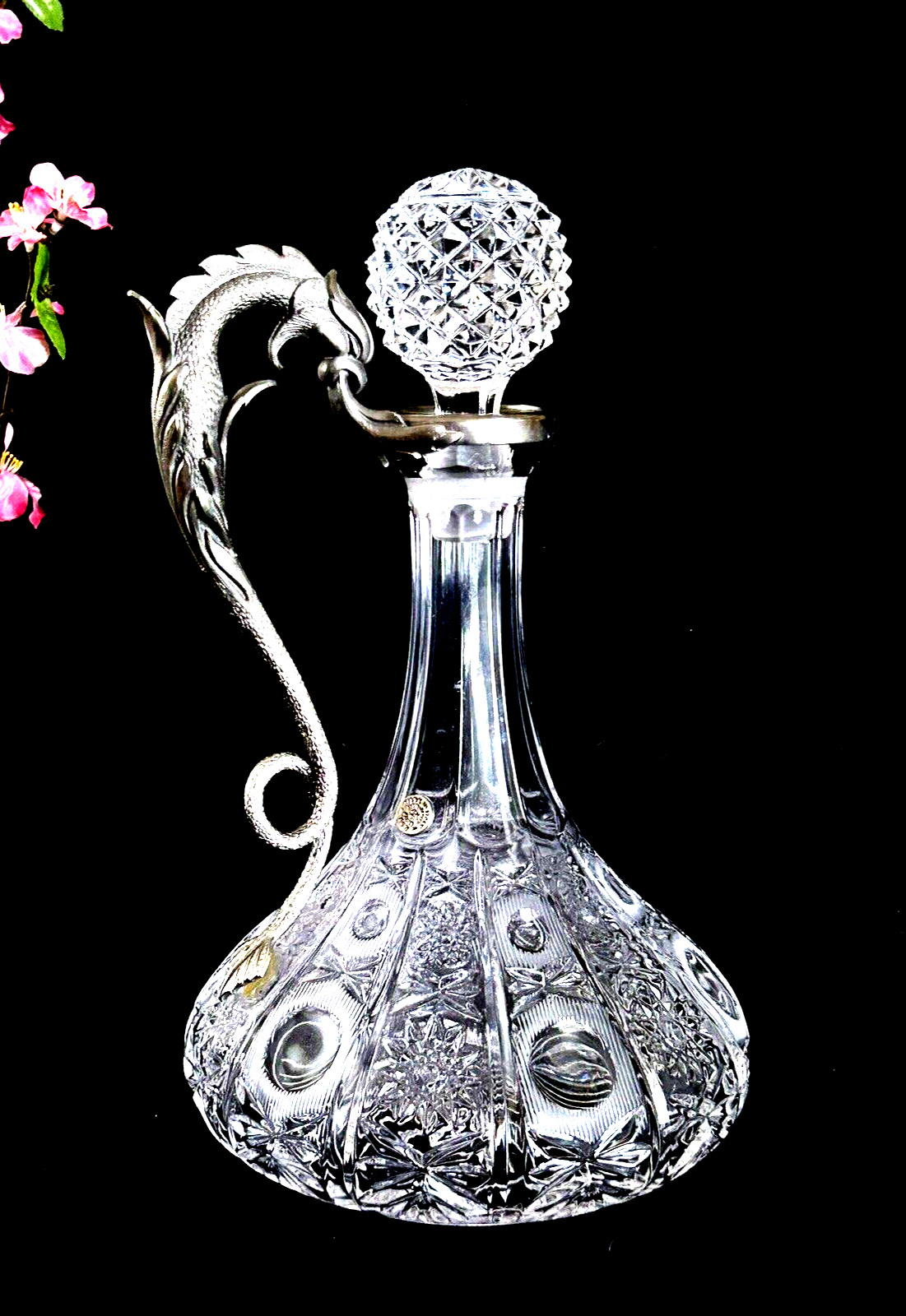 Glass Crystal Decanter Dragon Handle 11.5" Tall Italy