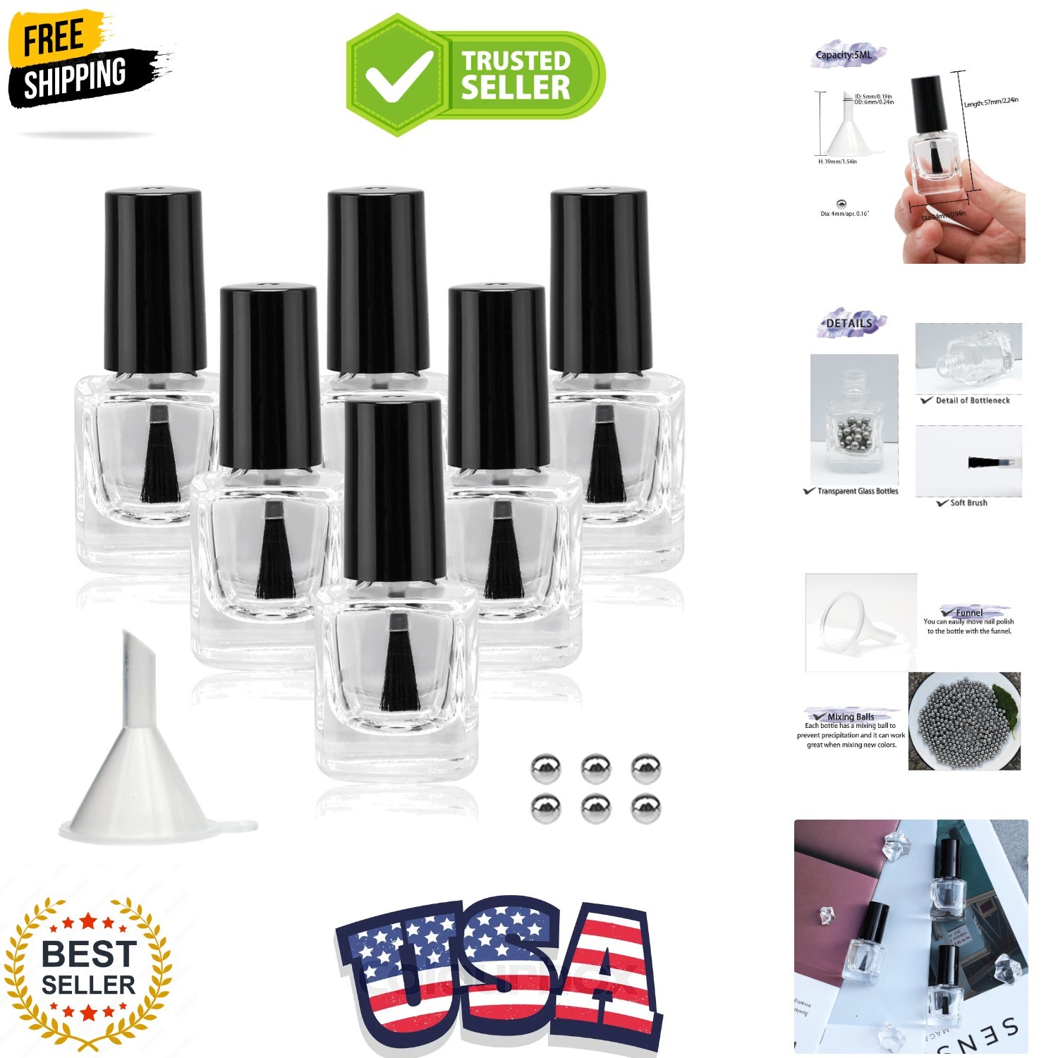 6PCS Empty Nail Polish Bottles with Funnel, Empty Fingernail Polish Bottles G...