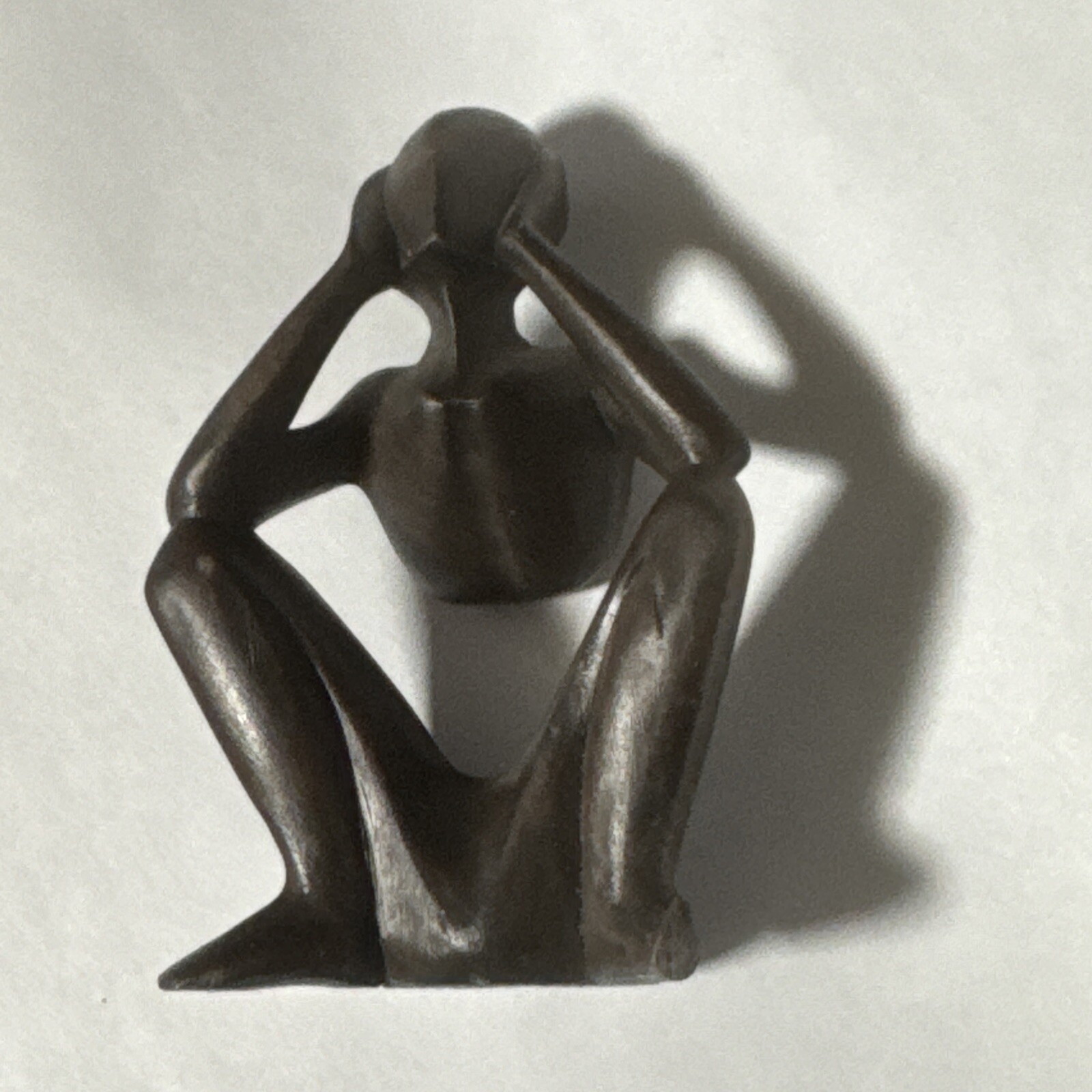 African Hand Carved wood brown Thinker Sclupture Abstract Figure Kenya 4” tall