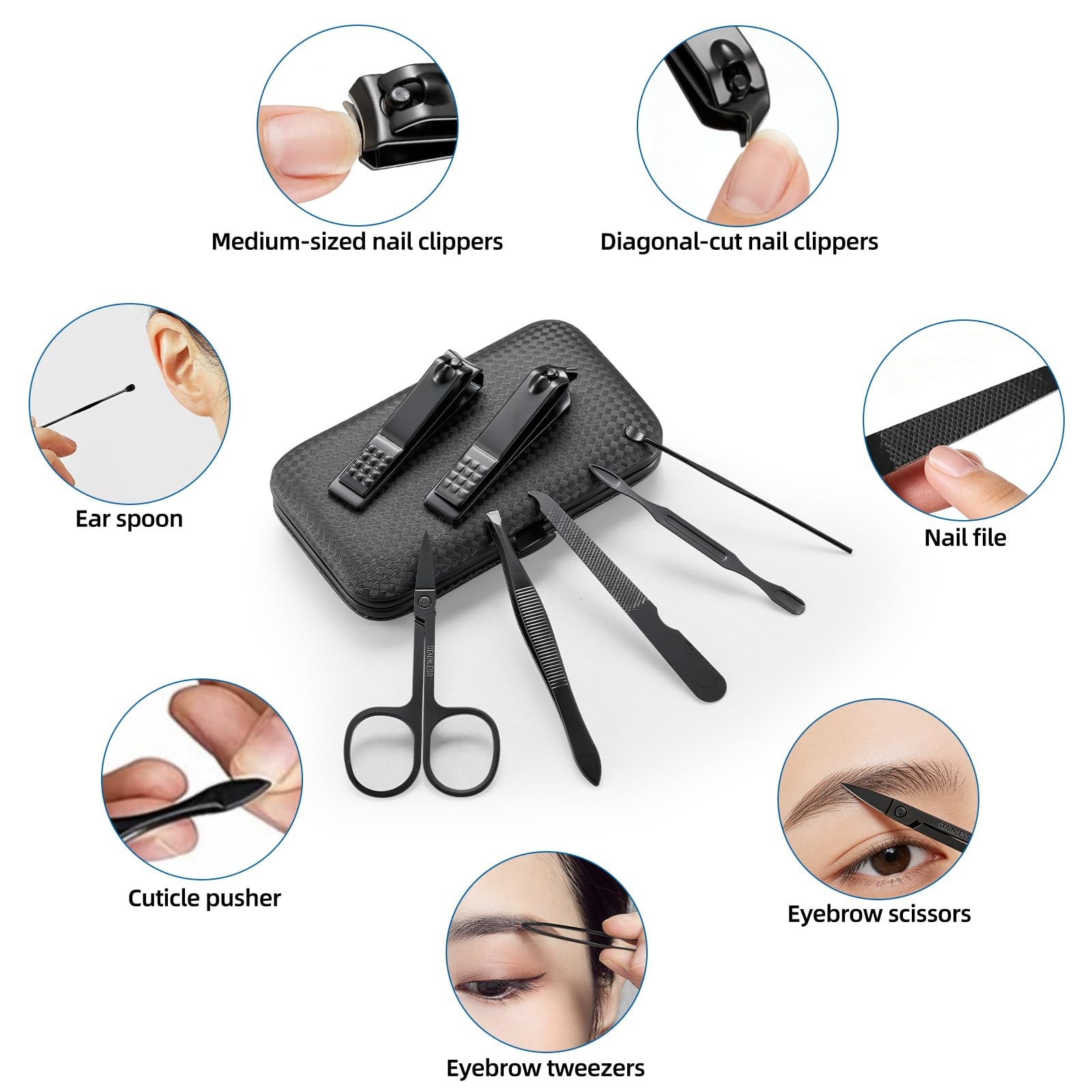 Premium Manicure Set, 7 in 1 Nail Clipper Finger & Toe Black and white