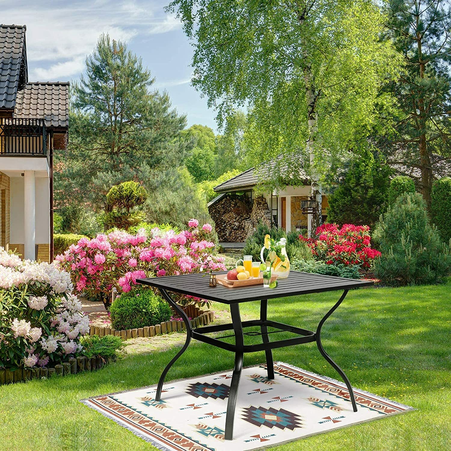 Patio Table with Umbrella Hole Outdoor Dining Table Metal Square for 4 Person