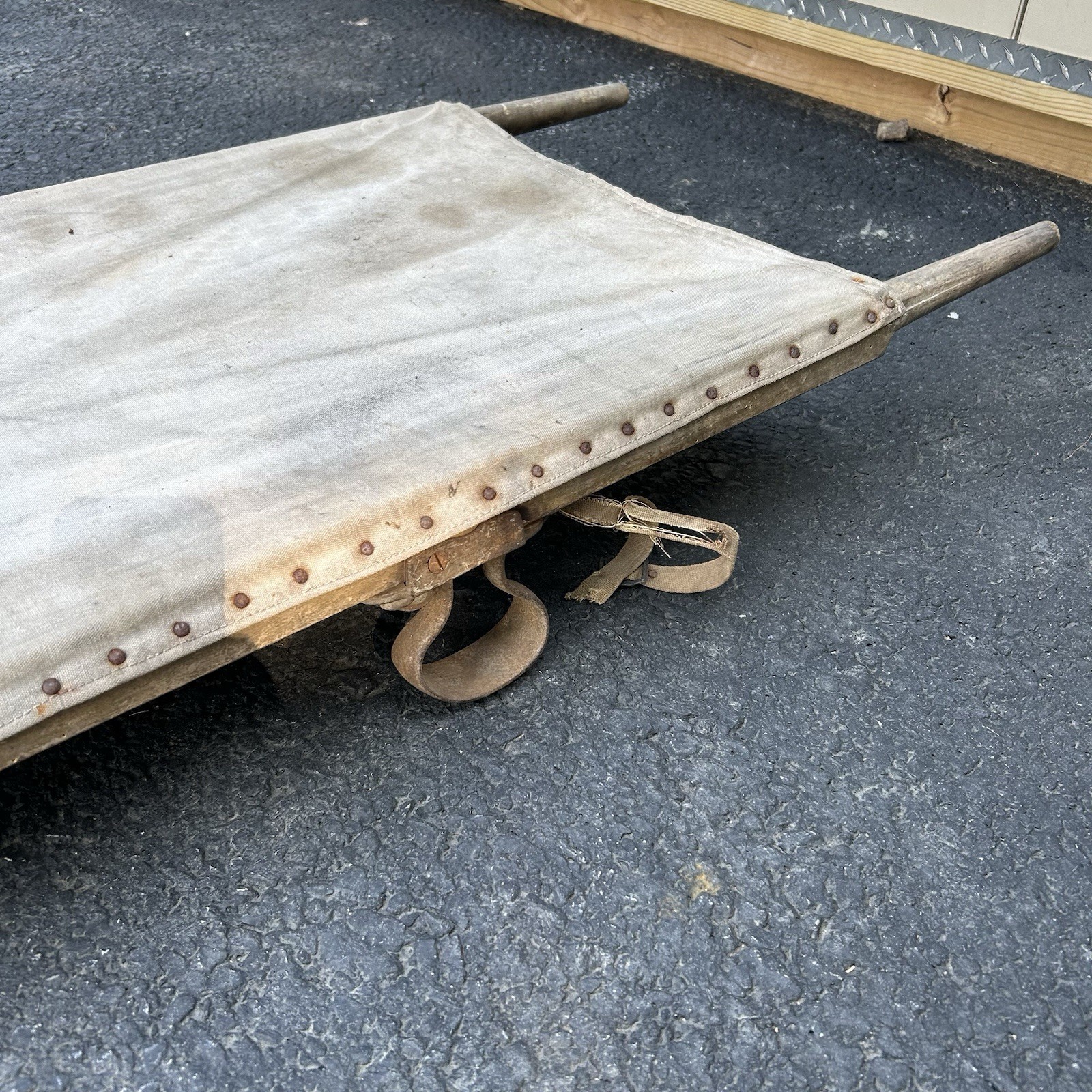 Antique World War 1 Era Medic Stretcher Canvas Gurney Litter WWI Iron Loop Feet