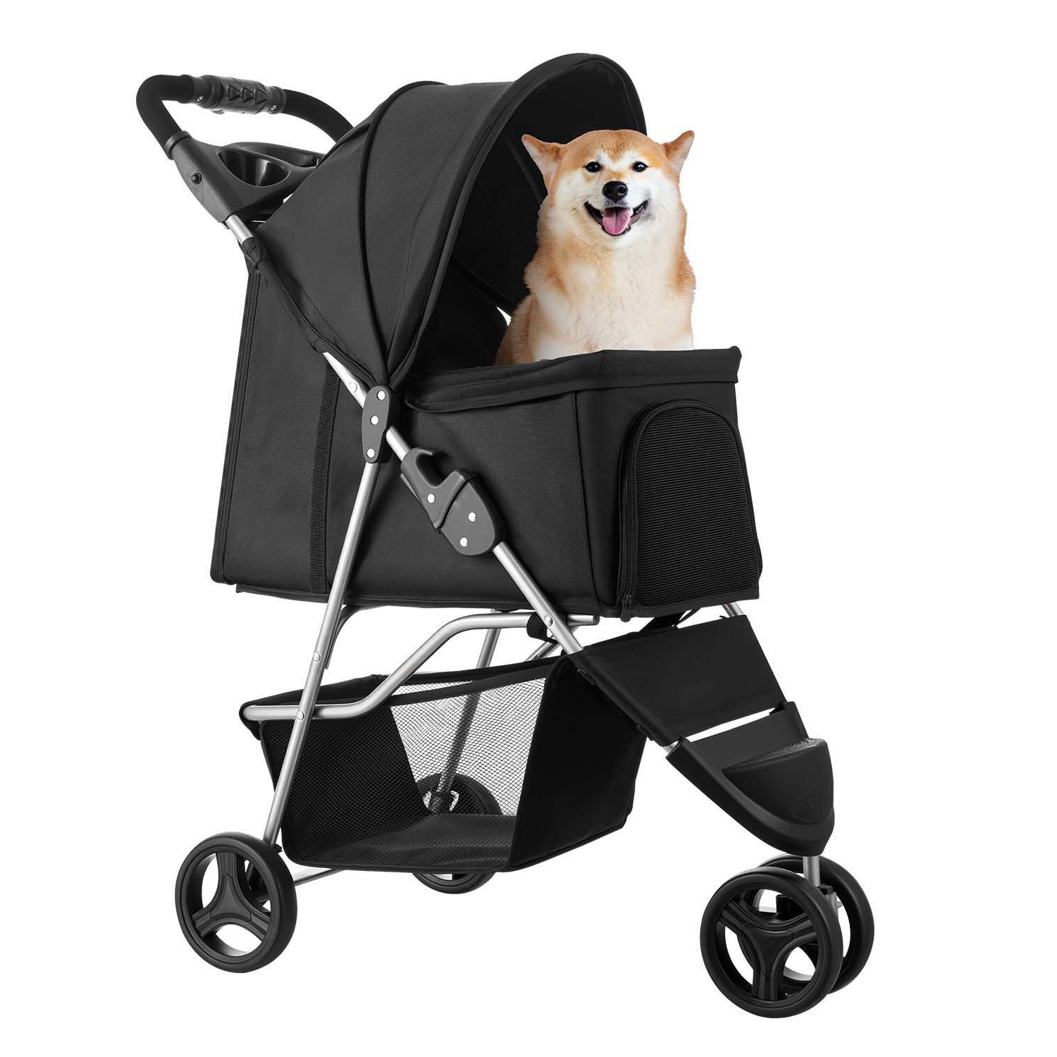 Pet Stroller Foldable 3 Wheels Dog Stroller with Brake up to 35lbs