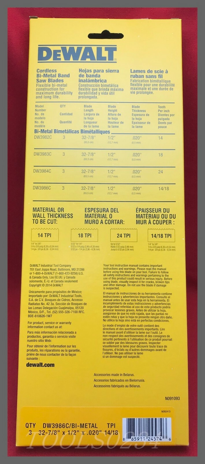 32-7/8" X 14/18 TPI Band Saw Blade Portable 3/pack DCS370 371 DeWalt DW3986C
