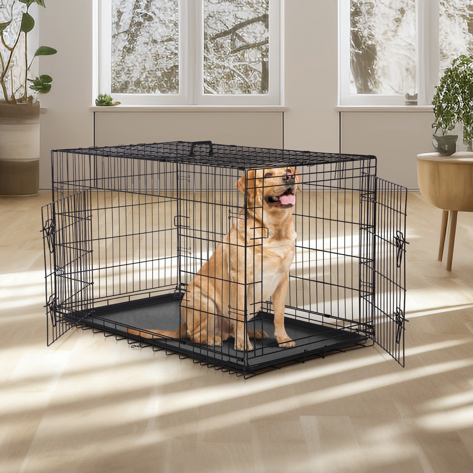 Dog Crate Double Door Pet Cage Wire Metal Kennel Removable Tray Divider Panel