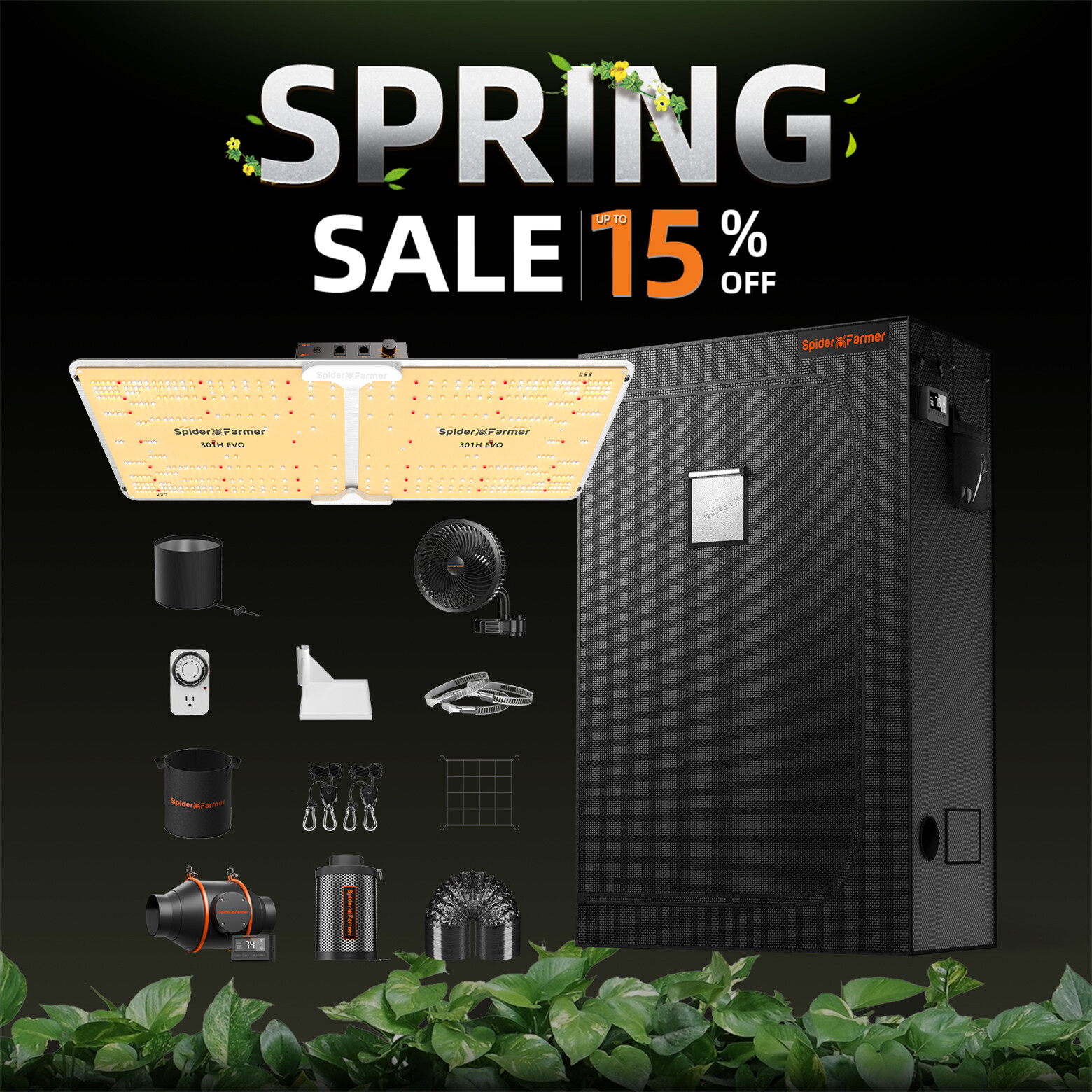 Spider Farmer SF2000 EVO LED Grow Light +2’x4′X6′ Grow Tent+4'' Inline Fan Combo