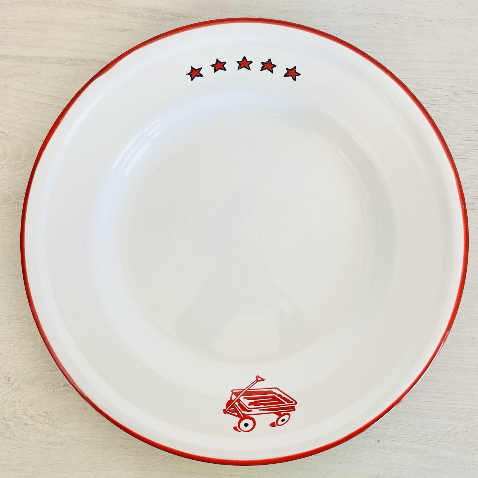 Vintage 1960s Taipro Little Red Wagon & Stars Enamelware Dinner Plates Lot Of 4