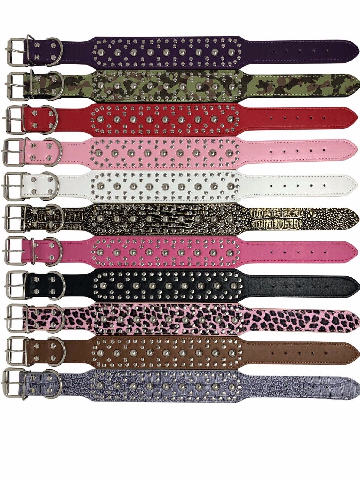 Dog Collar Studded Rivet Adjustable Faux Leather 2" wide S M L XL 13 Colors