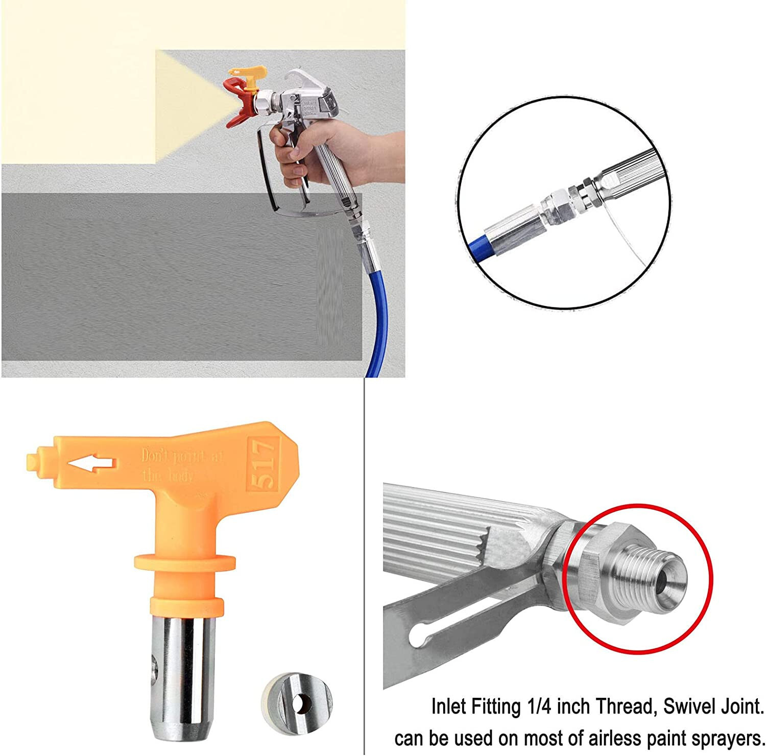 Airless Paint Spray Hose Kit 50ft 1/4" Swivel Joint 3600psi with 517 Tip US