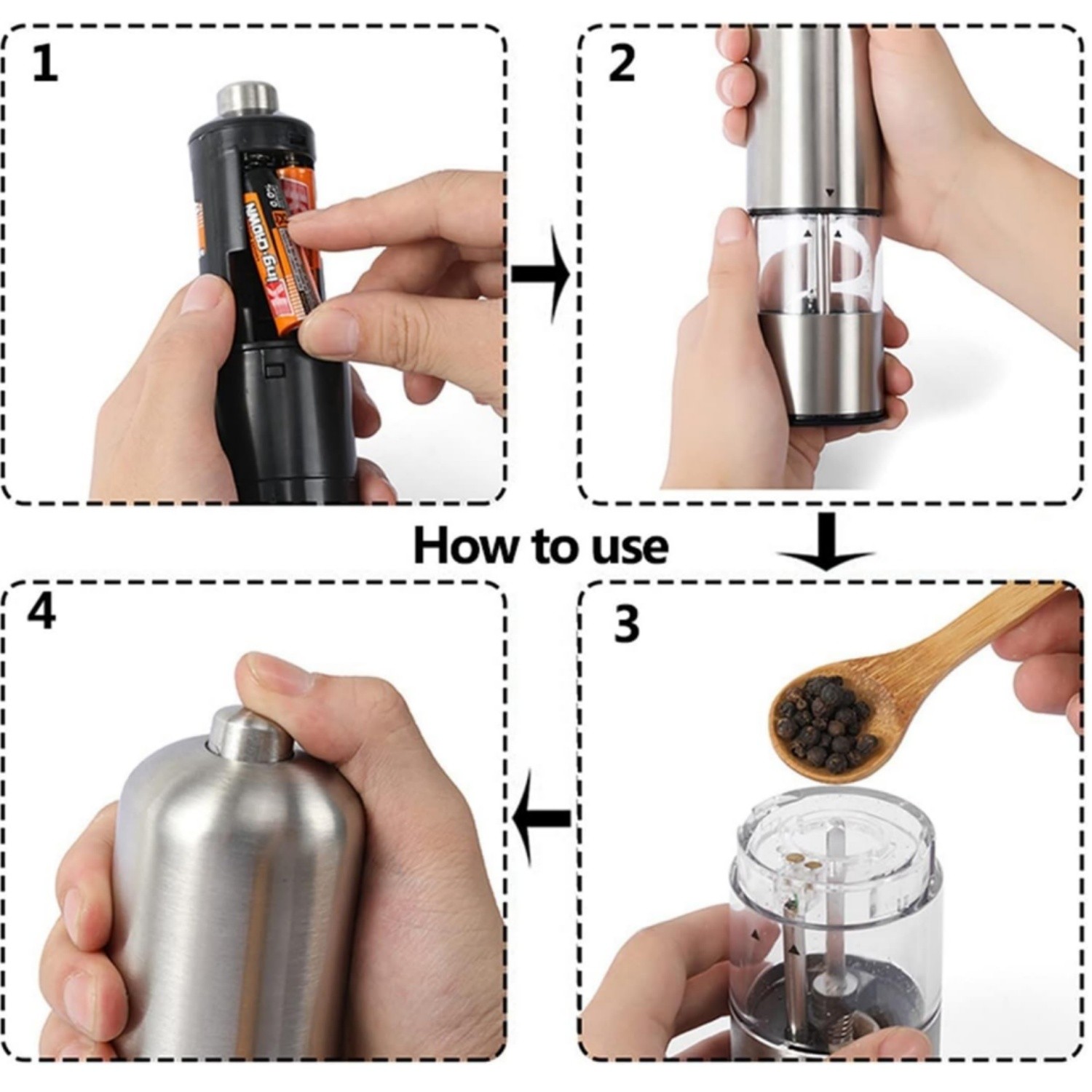 2x Electric Pepper Mill Salt And Pepper Grinder Stainless Steel One Touch Button