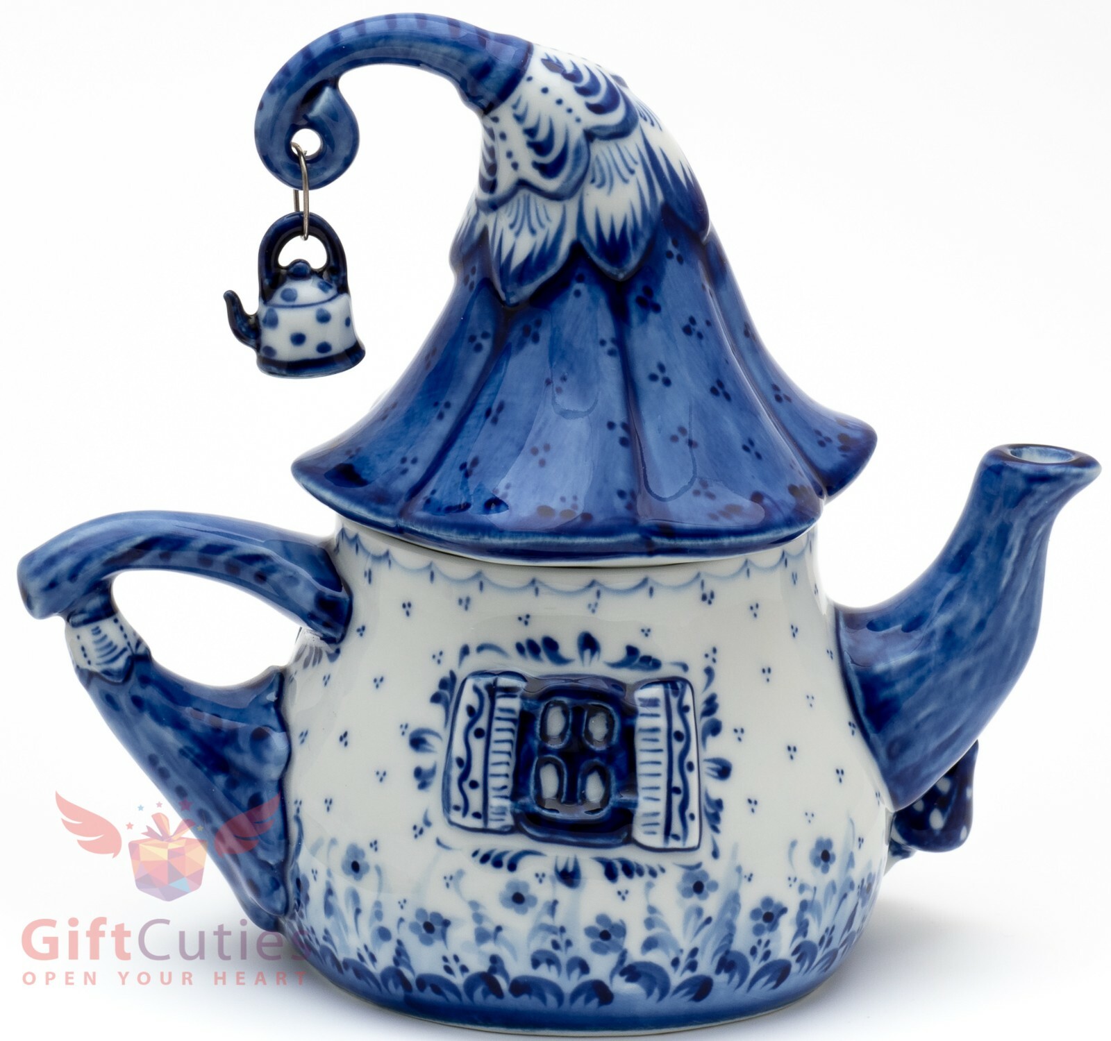 Porcelain Gzhel teapot in shape of a house souvenir handmade Гжель