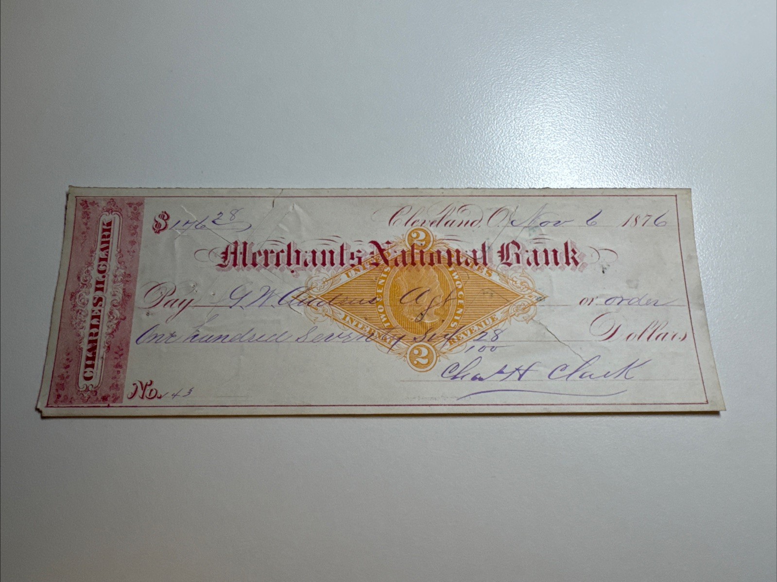 RN-G1 -  Merchants National Bank - Bank Check - Cleveland OH - 1876