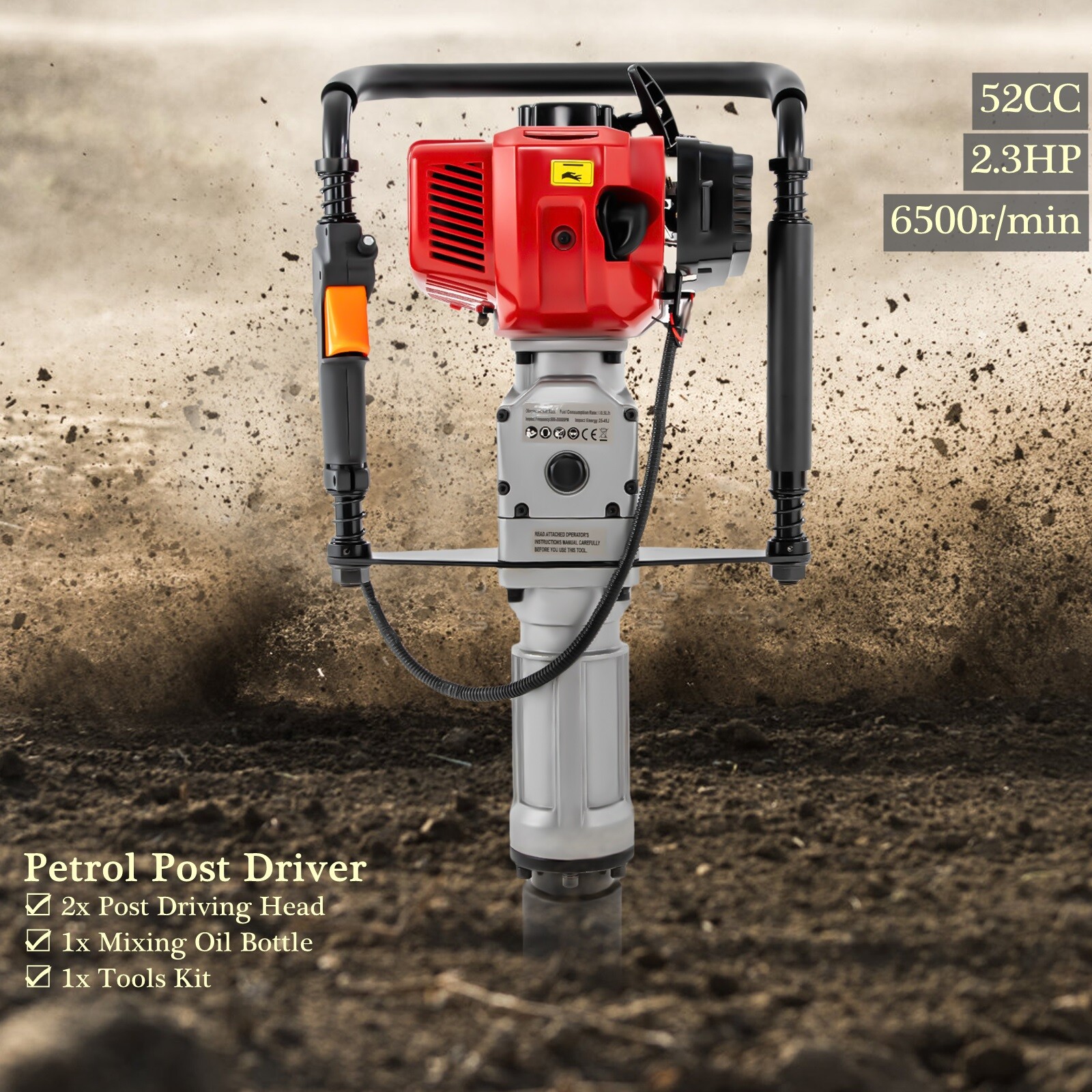 52CC Gas Powered Pile Driver Fence T Post Driver Push Pile Gasoline Engine 2.3HP