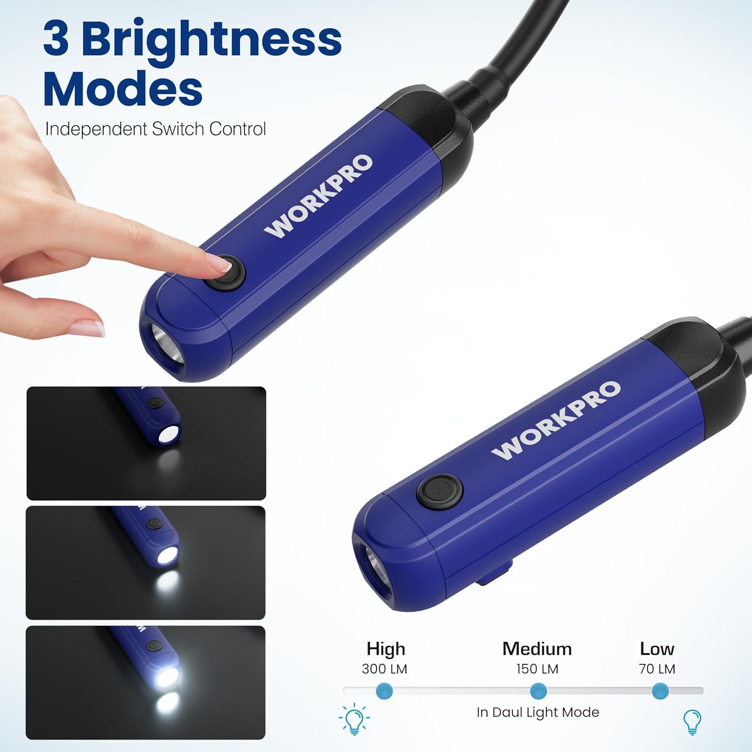 WORKPRO 300LM Rechargeable Neck Light Hands-Free 3 Brightness Level Bendable Arm