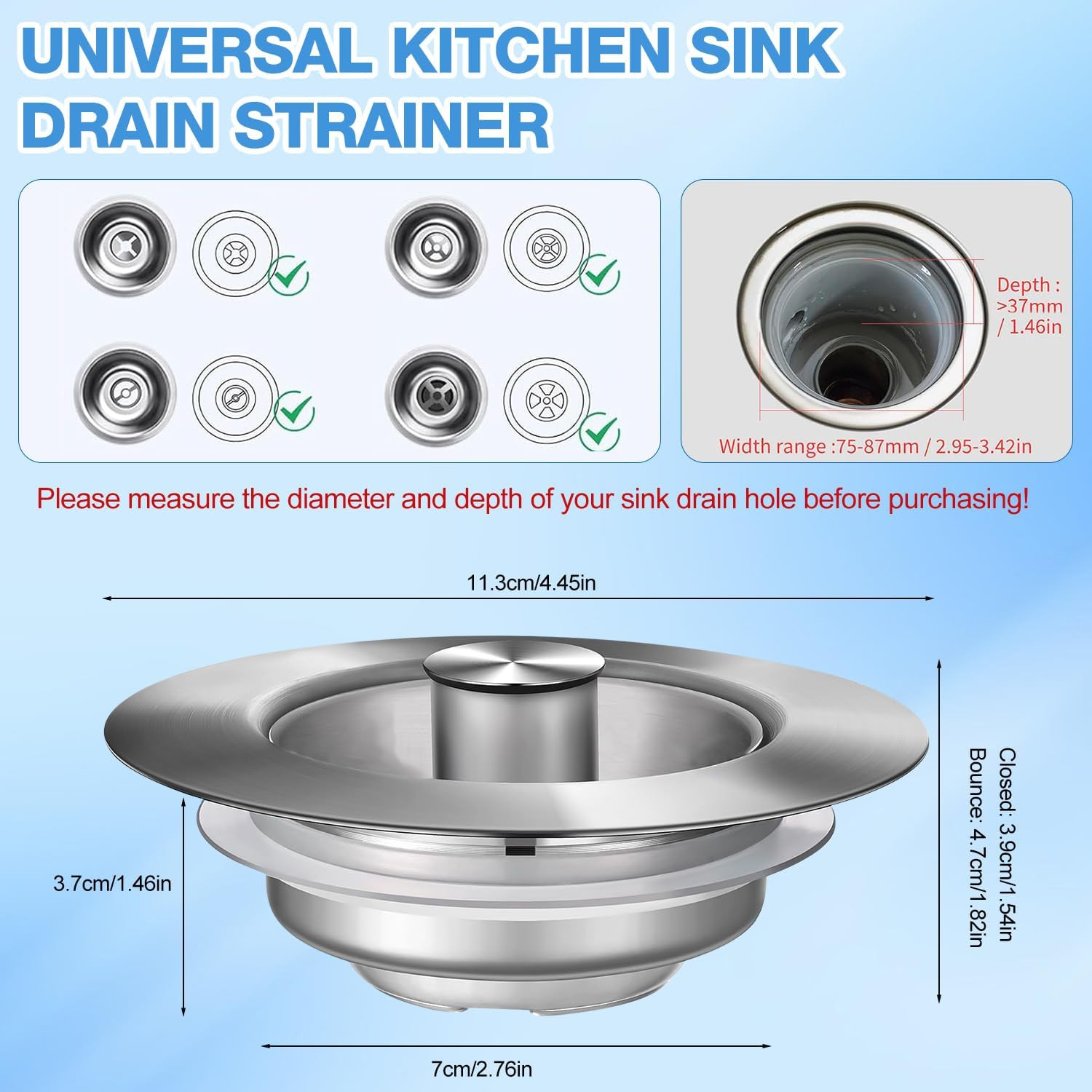 Upgraded 3 in 1 Kitchen Sink Drain Strainer Stopper,Stainless Steel Wrap Around