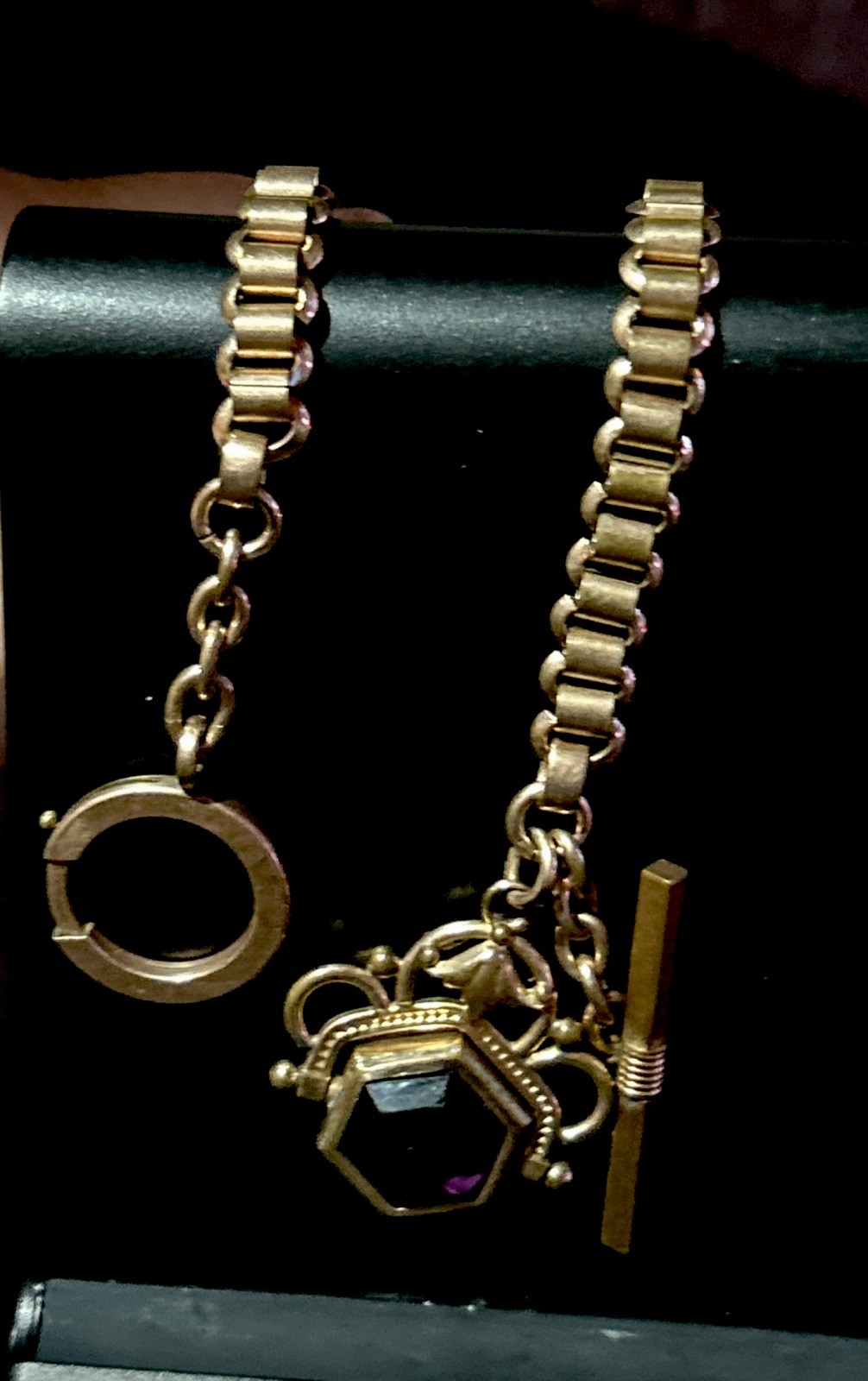 Victorian Rose Gold Fill Purple Watch Fob Spinner Book Link Chain Large Ring