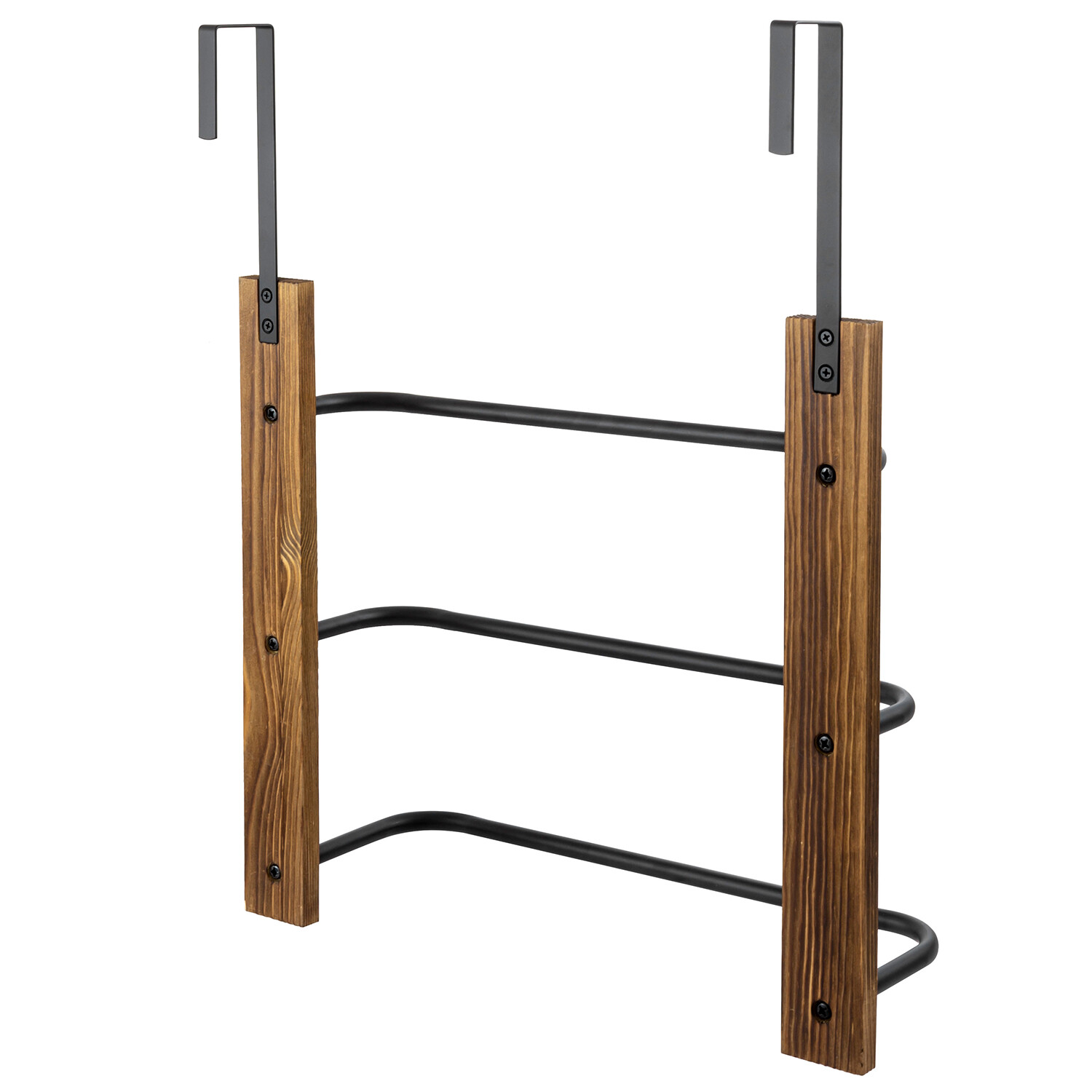 3 Tier Wood Matte Black Metal Space Saving Bathroom Door Hanging Towel Bar Rack