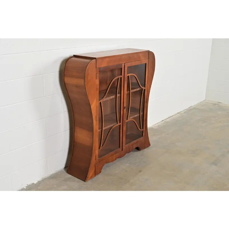 Antique Art Deco Carved Walnut Bookcase or Display Cabinet, Circa 1920s