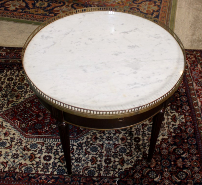 Antique French Louis XVI Mahogany Marble Top Bouillotte Round Side Table