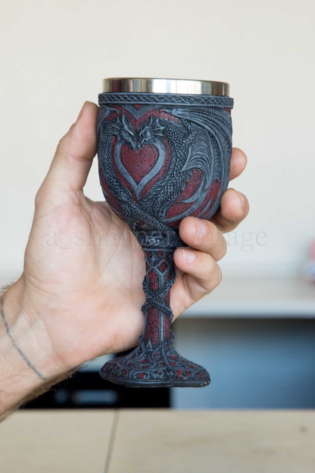 Occult Double Dragon Heart Goblet Chalice Hand Painted 'Stone' Finish Beautiful!