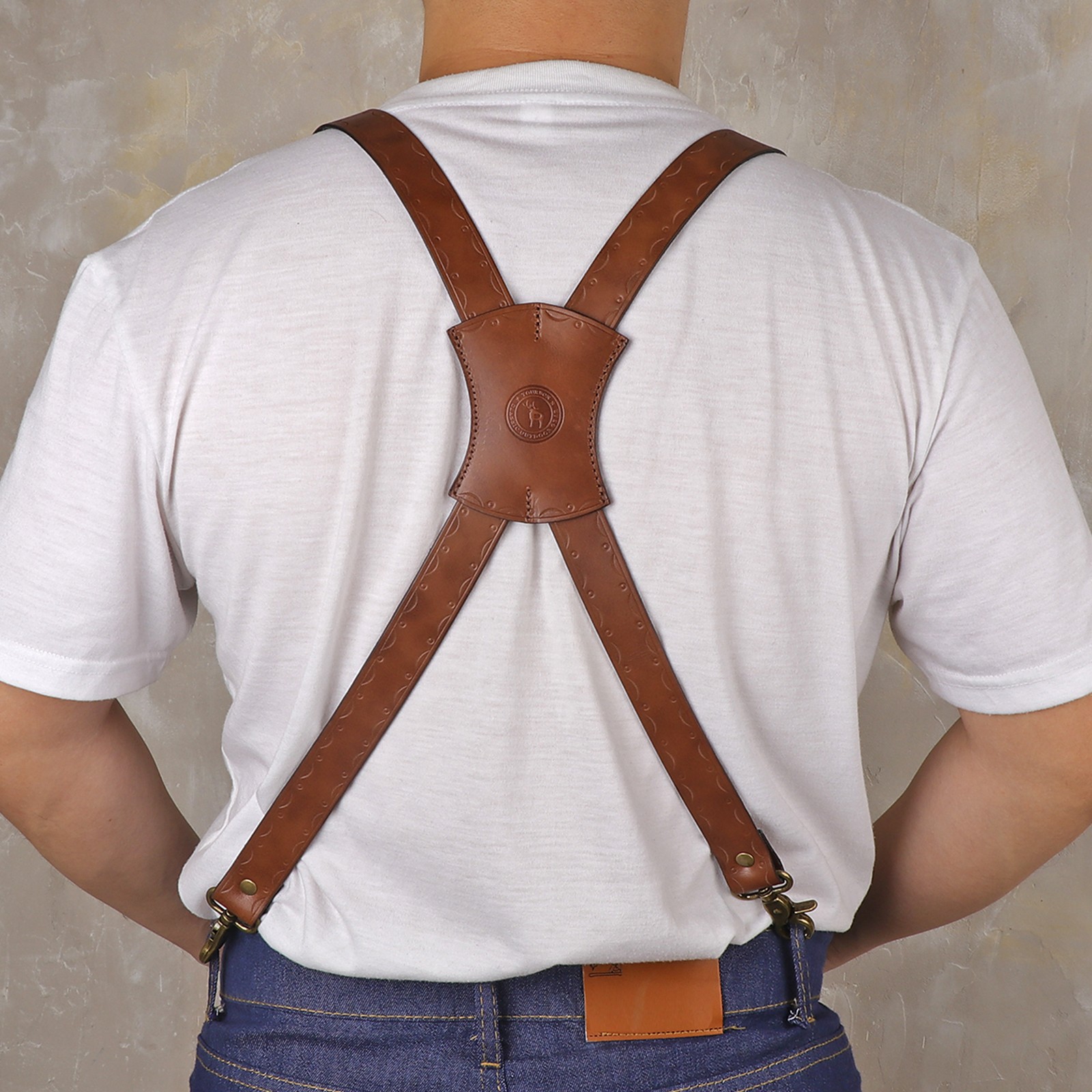 Tourbon Leather Men's Suspenders X Back Adjustable X-Shaped Hooks Pants Braces