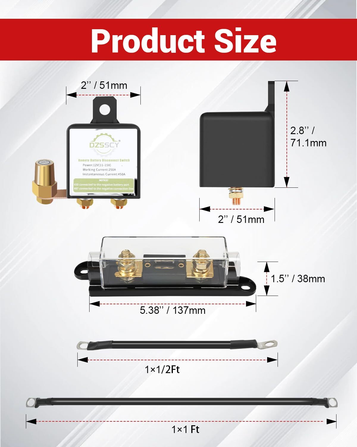 Remote Battery Disconnect Switch 12v, 250A, with 250A Fuse/Long Negative Wire