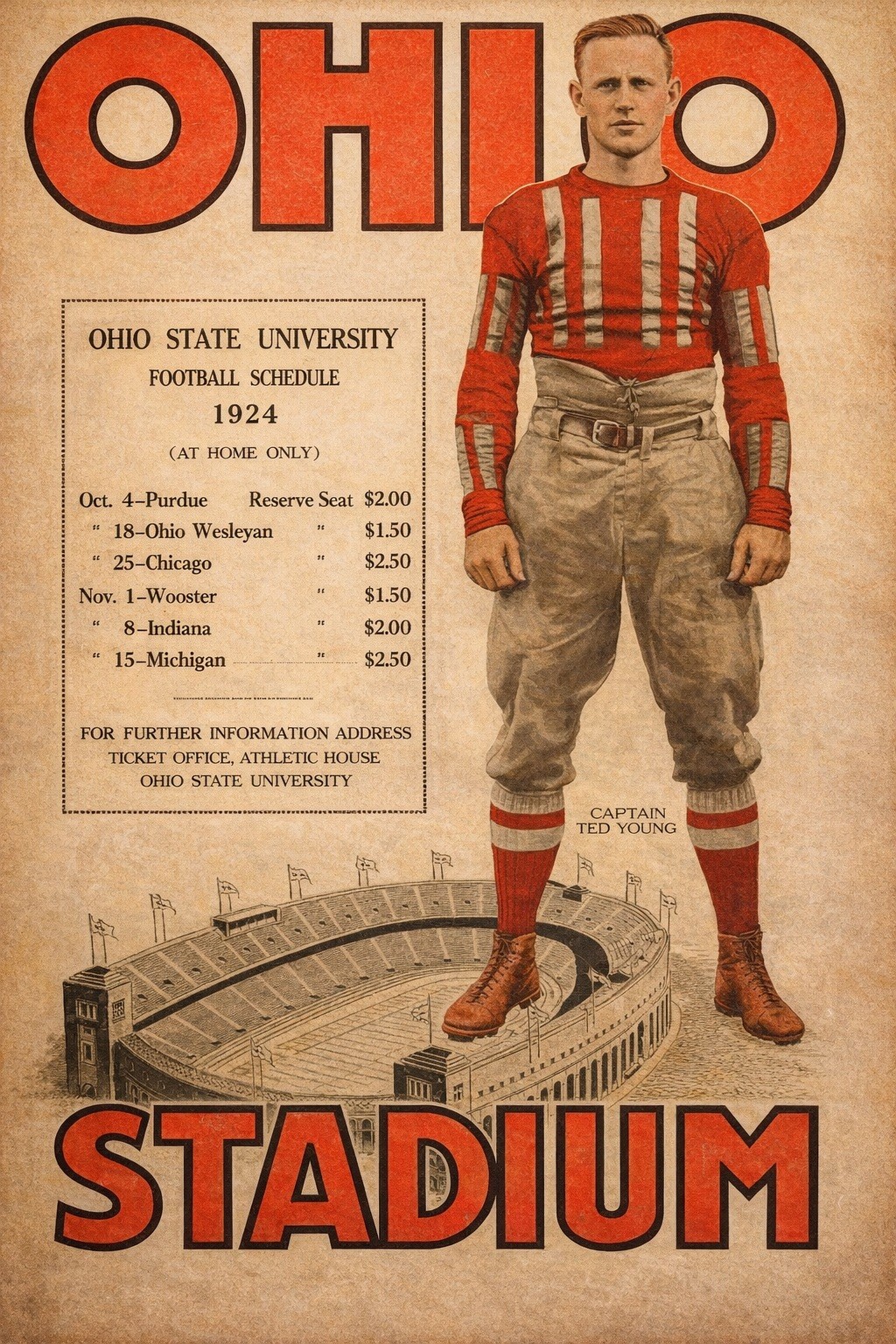 🎉 Vintage Ohio Stadium 1924 Football Poster - 24x36” Retro Sports Art 🏈