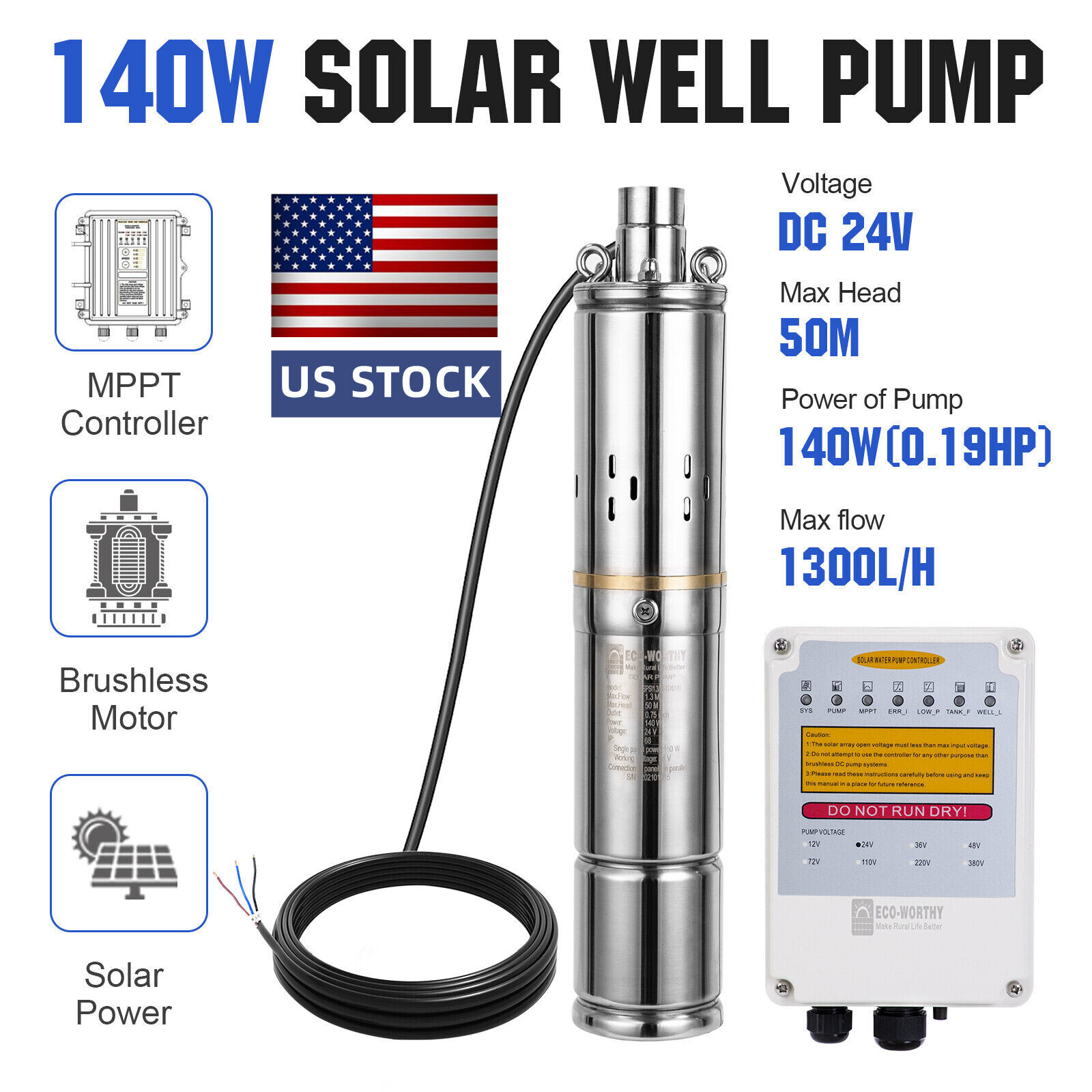 3" DC 24V Solar Water Pump Deep Well Pump Submersible Bore MPPT Controller Kit