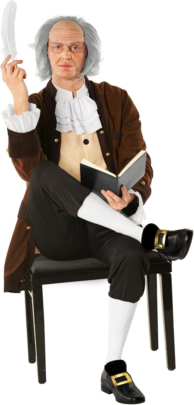 Men`s Benjamin Ben Franklin Costume + Wig Adult Founding Fathers Colonial Outfit