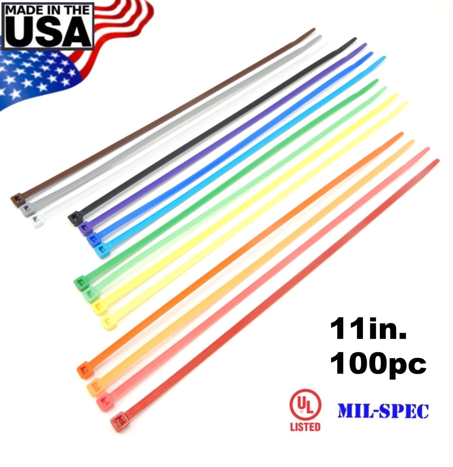 Color Zip Cable Ties 11" 50lbs 100pc Made in USA Nylon Wire Tie Wraps