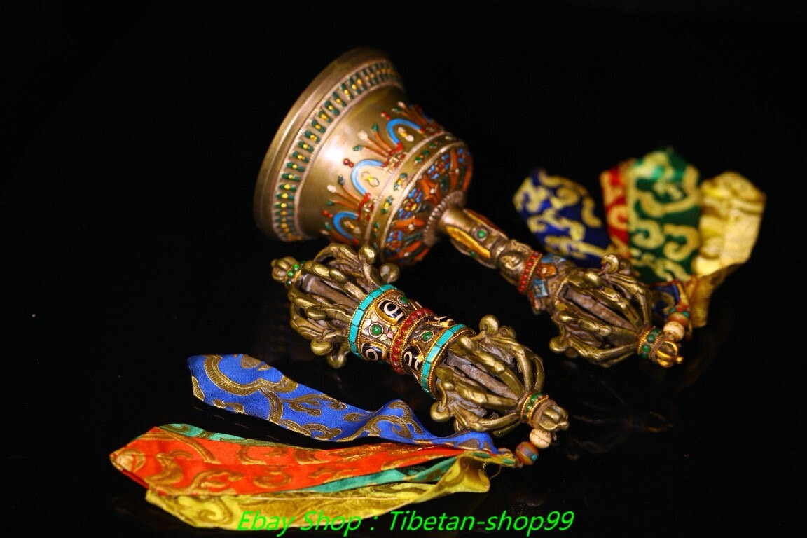 8.6''Old Tibet Bronze Painting inlay Dzi Bead Dorje Vajra Bell & Holder Faqi