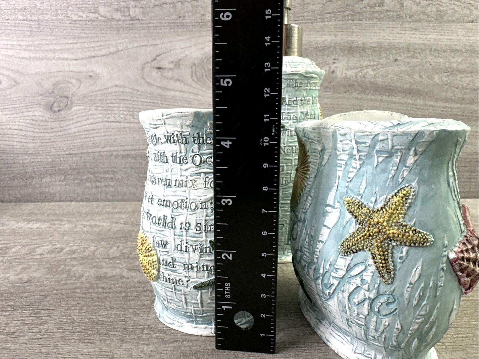 3 Piece Set Ocean Beach Theme Bathroom Soap Dispenser, Toothbrush Holder & Cup