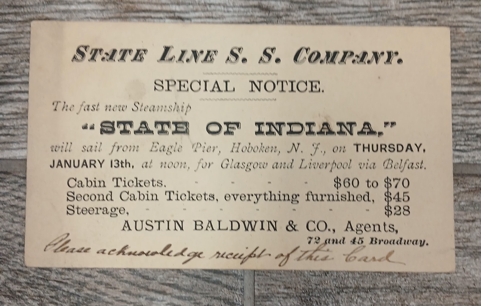 1880s State Line Steamship Co Ticket  Austin Baldwin SS Rare State Of Indiana