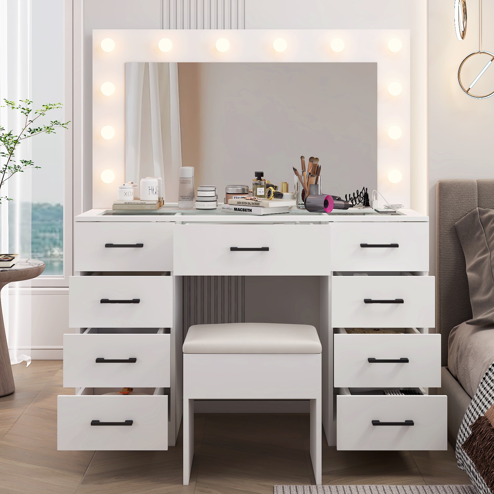 45.3 x 15.7 x 29.5-55.1 Inches Vanity Desk with Large Lighted Mirror & Lights